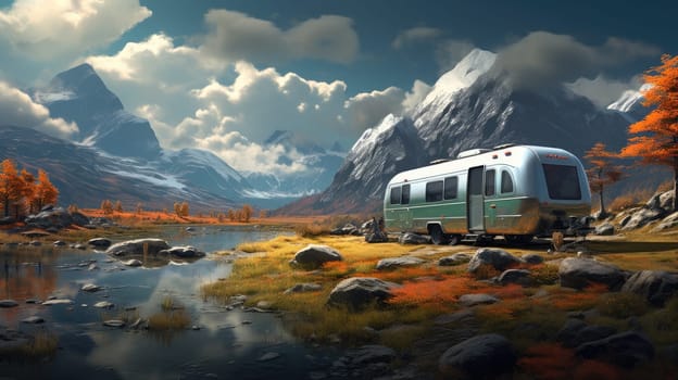 Modern caravan on the way with beautiful landscape scenery, traveling concept