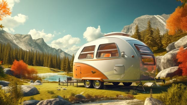 Modern caravan on the way with beautiful landscape scenery, traveling concept