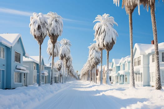 Palm trees are covered with snow.