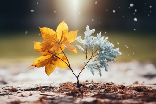 Dry yellow leaves on a young tree sprout. Environment conservation concept.