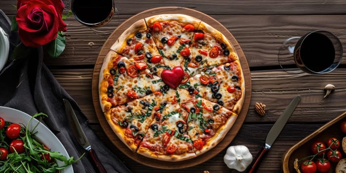 Heart shaped pizza for Valentines day on dark rustic wooden background pragma