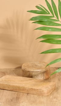 Round wooden platform, shadow from a palm leaf on a brown background. Place for demonstration of cosmetics