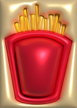 French fries in a red cup, 3D rendering illustration
