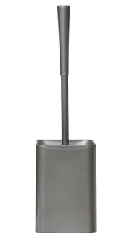 Gray plastic toilet brush with stand on isolated background