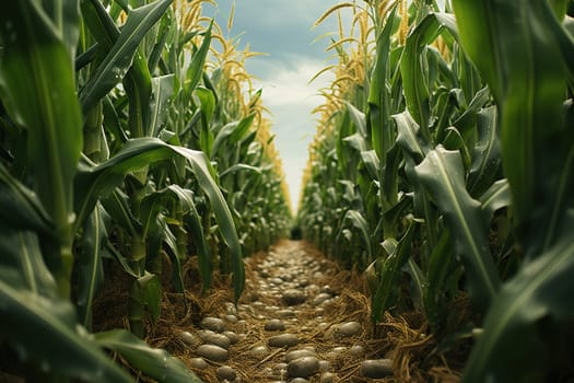 A path in the middle of a beautiful corn field in summer in cloudy weather.