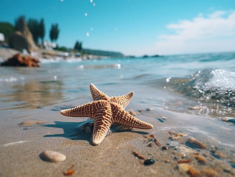 Starfish on the beach in the spray of sea waves.