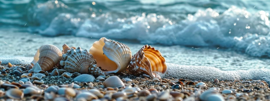 Beautiful seashells on the seashore. selective focus. nature Generative AI,