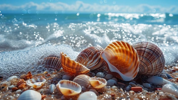 Beautiful seashells on the seashore. selective focus. nature Generative AI,