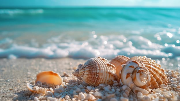 Beautiful seashells on the seashore. selective focus. nature Generative AI,