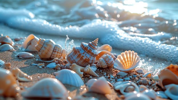 Beautiful seashells on the seashore. selective focus. nature Generative AI,