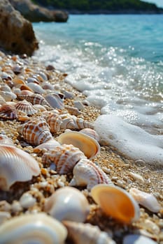 Beautiful seashells on the seashore. selective focus. nature Generative AI,