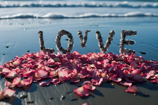 romantic beach of love rose petals on the coastline wide view pragma