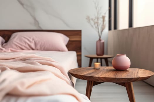 Stylish Scandinavian Apartment: Modern White Bedroom with Wooden Bed, Elegant Furniture, and Chic Decor on a Grey Wall.