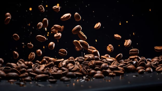 Roasted Coffee Beans: A Rich Dark Brew, Aromatic and Energizing, on a Natural Wooden Table