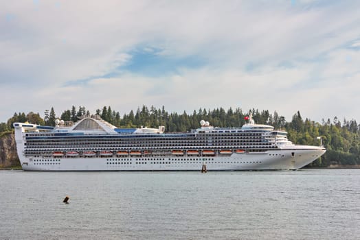 Huge white ocean cruise liner passing by Stenley park in Vancouver, Canada.