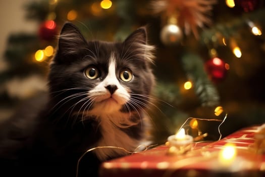 Merry Christmas: Cute Red Fur Kitten with Santa Hat in Festive Winter Studio Portrait