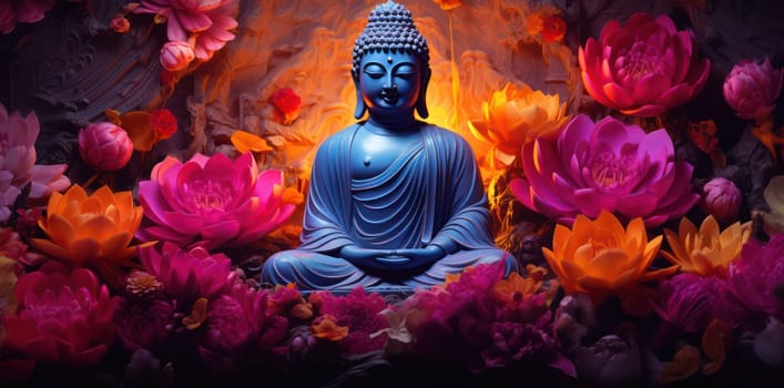 Meditation Serenity: Golden Buddha Statue in Traditional Thai Temple, a Sacred Symbol of Peace and Spiritual Belief, Against a Beautiful Blue Background