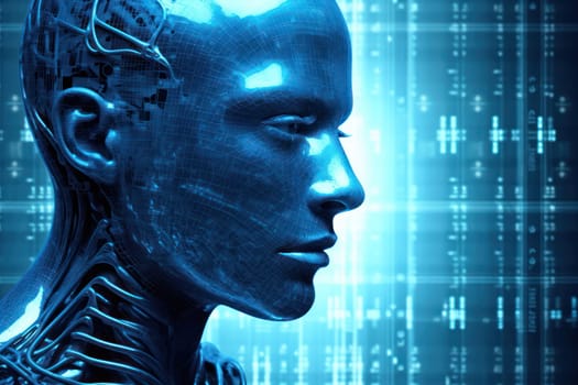 Future Intelligence: A Cybernetic Cyborg Robot with A Conscious Digital Mind on a Blue Abstract Hologram Background
