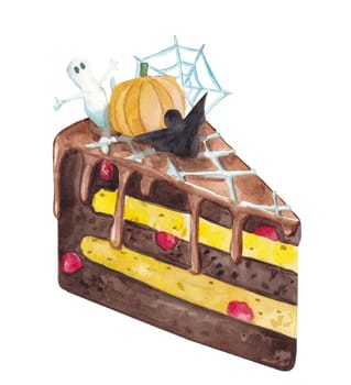 Tasty Halloween scary cake white background, hand drawn watercolor illustration