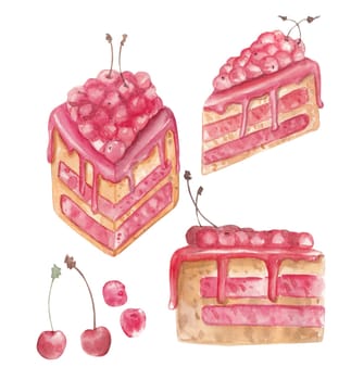 Tasty homemade cherry cake pieces on white background, hand drawn watercolor illustration, quick watercolor sketch