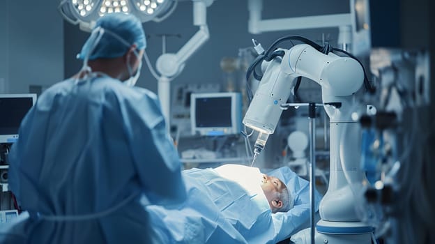 Doctor is observing robotic arm performing surgery at high-tech hospital, generative ai. High quality photo