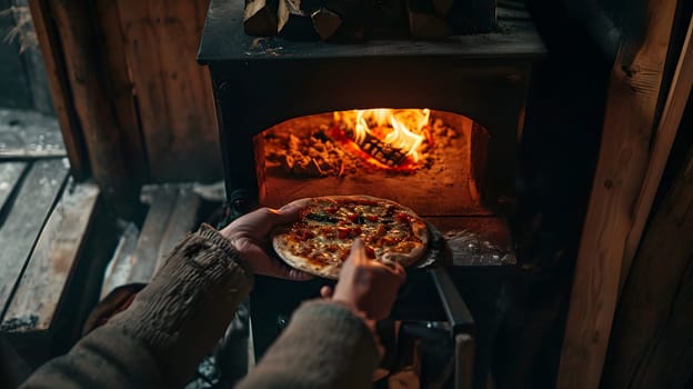 hands put pizza in the stove to bake, generative ai. High quality photo