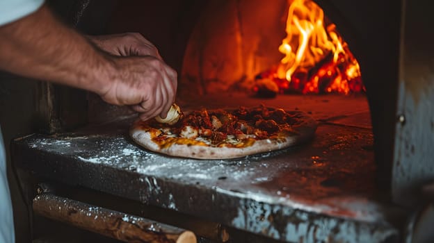 hands put pizza in the stove to bake, generative ai. High quality photo