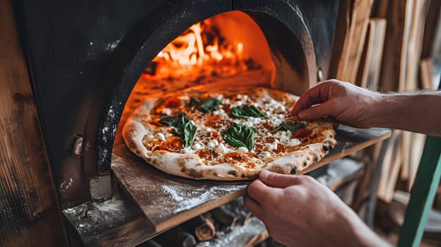 hands put pizza in the stove to bake, generative ai. High quality photo