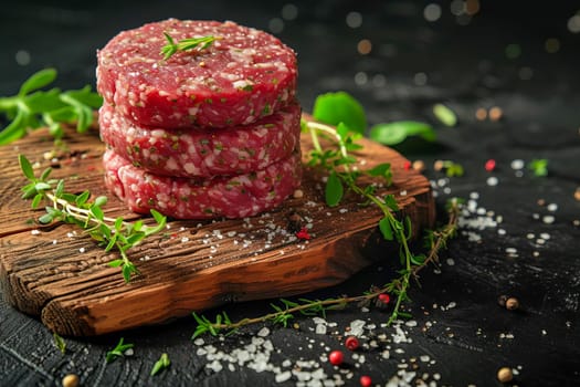 Burger patties made from raw ground beef with salt and spices on a black background, minimalism. AI generated.