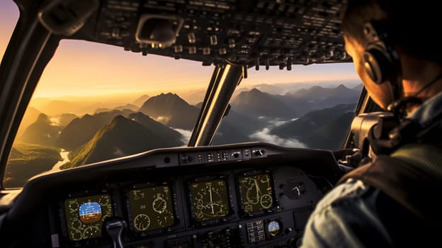 first person view airplane landing view from cockpit, generative ai. High quality photo