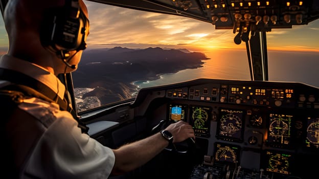 first person view airplane landing view from cockpit, generative ai. High quality photo