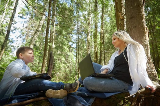 Mother and son with a laptops in the forest in summer. Fat young smart teenage boy and woman working with modern IT technologies in nature