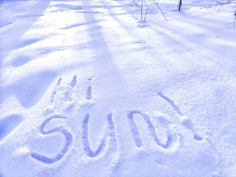 Inscription Hi Summer, written on white background of the snow. Top view. Flat lay. Winter and spring. Waiting for summer and spring