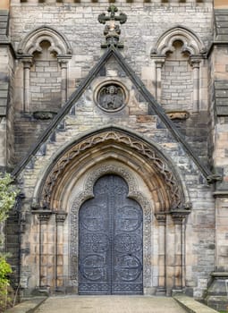 Edinburgh, Scotland - Jan 16, 2024 - Exterior Architecture of St Mary's Episcopal Cathedral or the Cathedral Church of Saint Mary the Virgin. is a cathedral of the Scottish Episcopal Church in Edinburgh, Space for text, Selective focus.