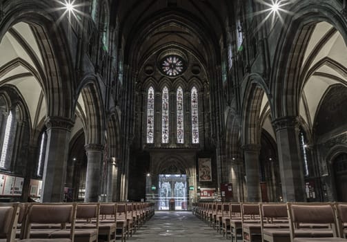 Edinburgh, Scotland - Jan 16, 2024 - Interior view of St Mary's Episcopal Cathedral or the Cathedral Church of Saint Mary the Virgin. is a cathedral of the Scottish Episcopal Church in Edinburgh, Space for text, Selective focus.