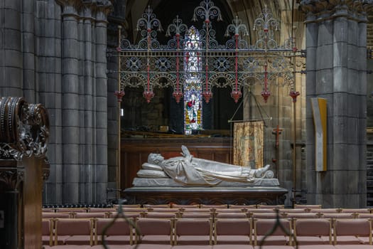 Edinburgh, Scotland - Jan 16, 2024 - Effigy of James Francis Montgomery in St Mary's Episcopal Cathedral or the Cathedral Church of Saint Mary the Virgin at the Scottish Episcopal Church in Edinburgh, Space for text, Selective focus.