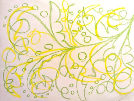 Abstract background, texture drawn in green chalk with flower pattern, plants with smooth lines, curves, leaves, circles. Copy space, wallpaper, card