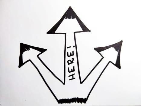 Three diverging Hand drawn black marker arrows. Concept of business, choosing direction, moving forward. Abstract sign, background, texture. Blurred