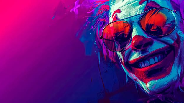 A neon-drenched, psychedelic portrait of a person wearing sunglasses, reflecting a vivid explosion of colors on a striking purple background. copy space