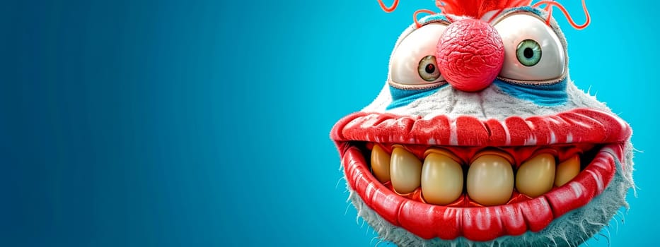 A whimsical character with an oversized, expressive face, featuring a large mouth, big teeth, and comically exaggerated features, set against a vivid blue background. copy space