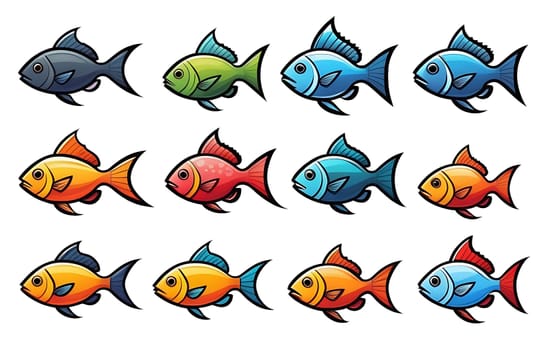 Fish icons highlighted on a white background, A set of aquarium cartoon fish. Tropical fish, a collection of marine fish.