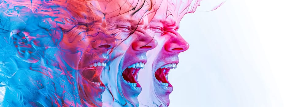 multiple superimposed faces expressing intense emotions in a dynamic flow of blue and red hues, creating a powerful and abstract visual effect.