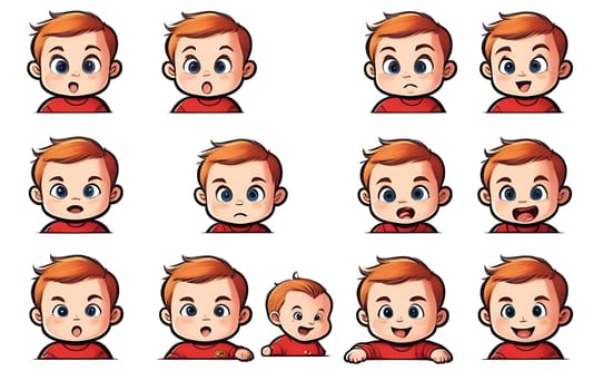 A set of illustrations of icons of different emotions on the face of a small baby, highlighted on a white background.