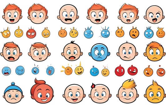 A set of illustrations of icons of different emotions on the face of a small baby, highlighted on a white background.