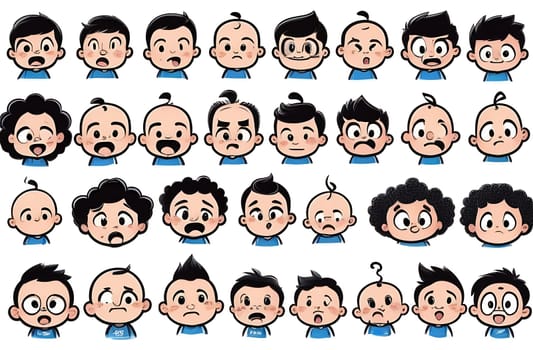 A set of illustrations of icons of different emotions on the face of a small baby, highlighted on a white background.