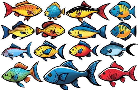 Fish icons highlighted on a white background, A set of aquarium cartoon fish. Tropical fish, a collection of marine fish.