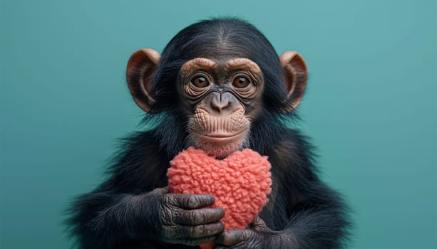 Valentine background Cute monkey chimpanzee holding red heart. Pastel green background. Happy monkey for St. Valentine's Day party. Happy Valentine's Day Love