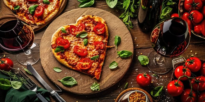 Heart shaped pizza for Valentines day on dark rustic wooden background pragma