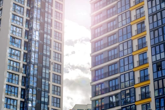 Windows of a tall modern building close up