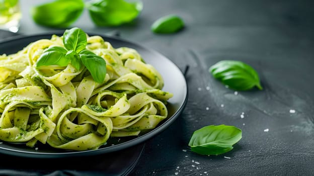 Fresh pasta with pesto sauce on a black plate. Healthy food.